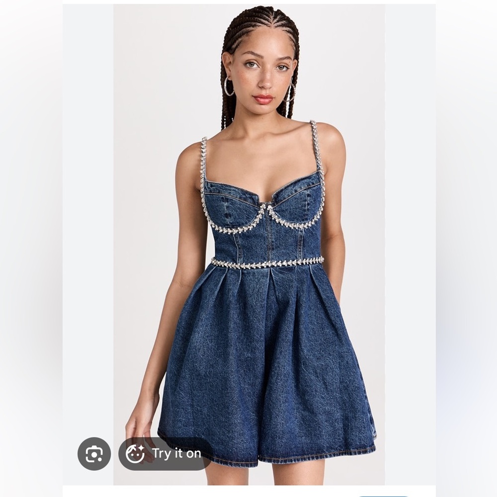 Self-Portrait Dark Blue Denim Mini Dress with Crystal Trim